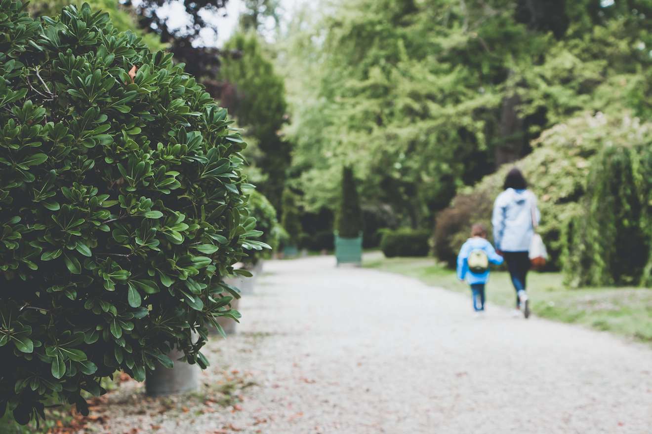 Mother and son strolling on green path in spring