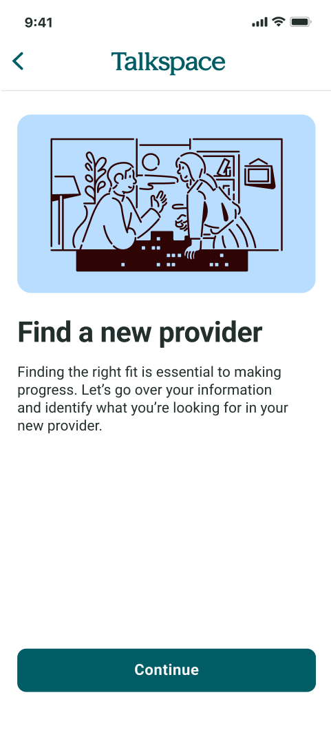 Switch providers screen in Talkspace app experience