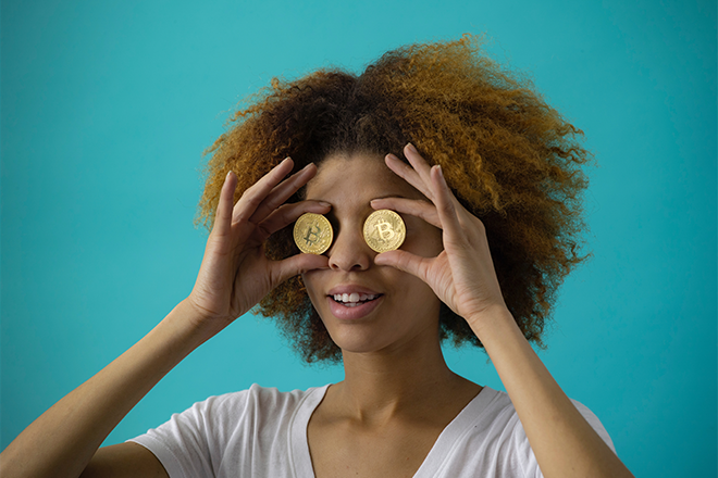 Woman with coins over his eyes